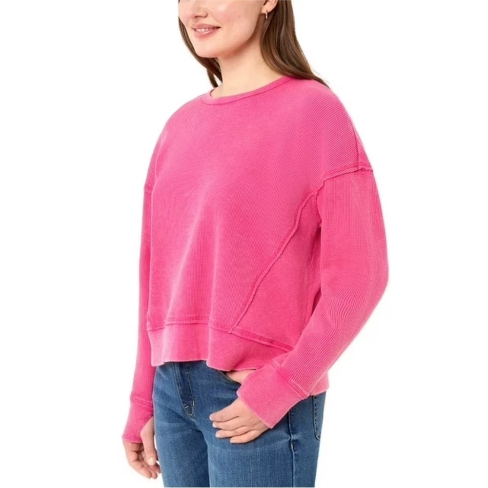SEVEN 7 Women Plus Waffle Crewneck/Stonewashed Mottled Dye/Thumb Holes/Hot Pink - Picture 5 of 7